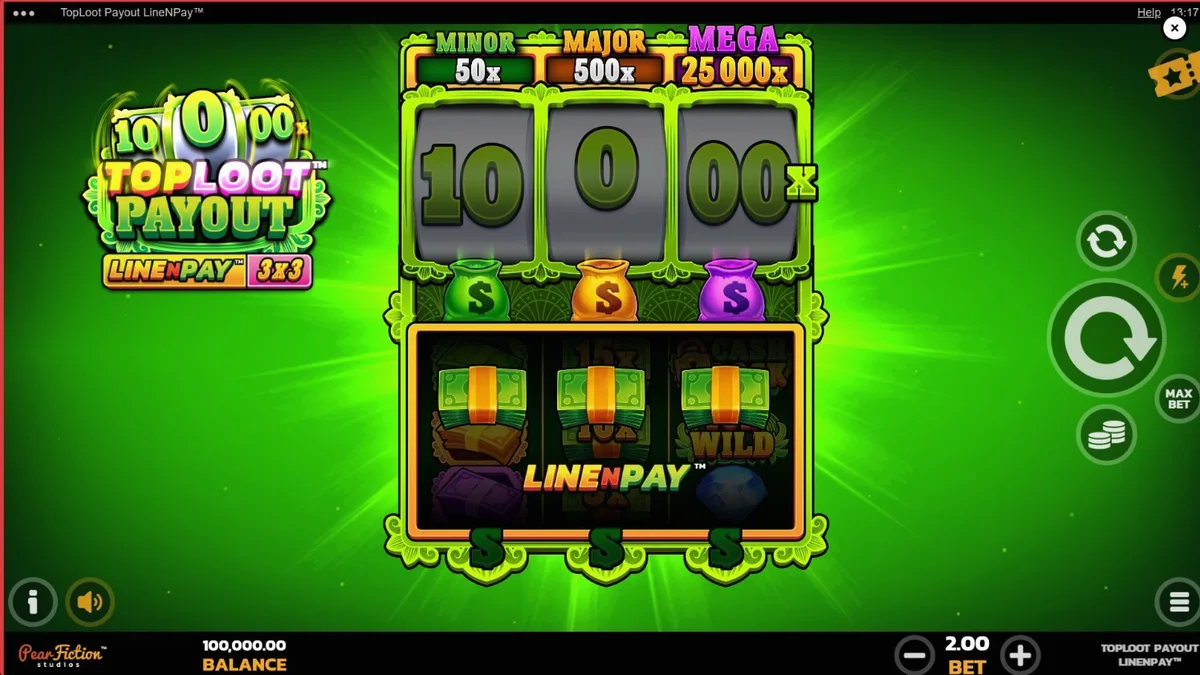 Interface do jogo de slot TopLoot Payout LineNPay com tema de tesouro