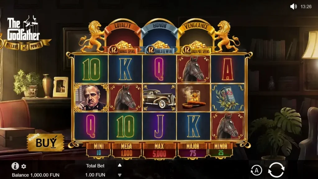 The Godfather: 3 Pillars of Power slot interface com elementos temáticos da máfia