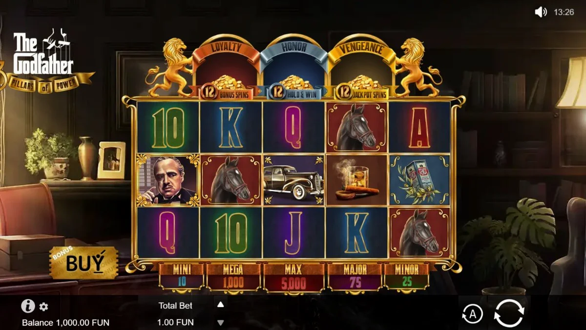 The Godfather: 3 Pillars of Power slot interface com elementos temáticos da máfia